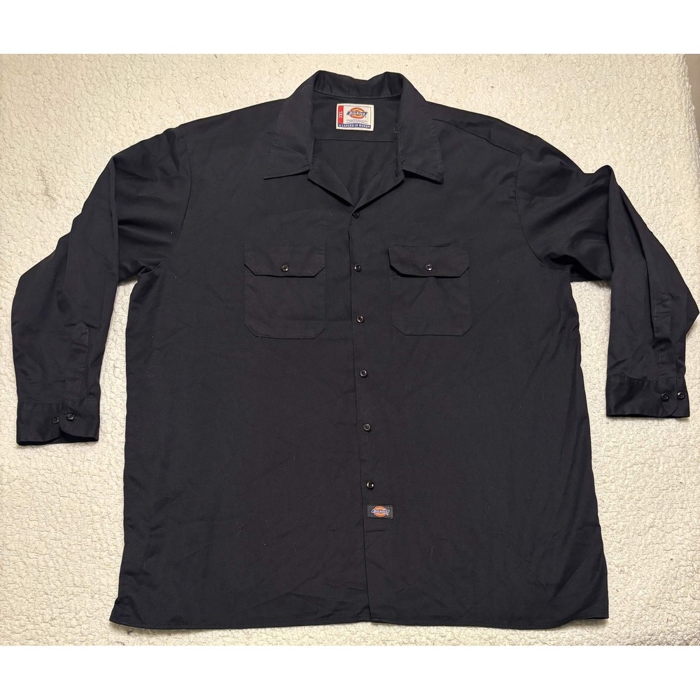 Dickies Mens Button Up Work Shirt 3XL Black Solid Long Sleeve Twill W519387